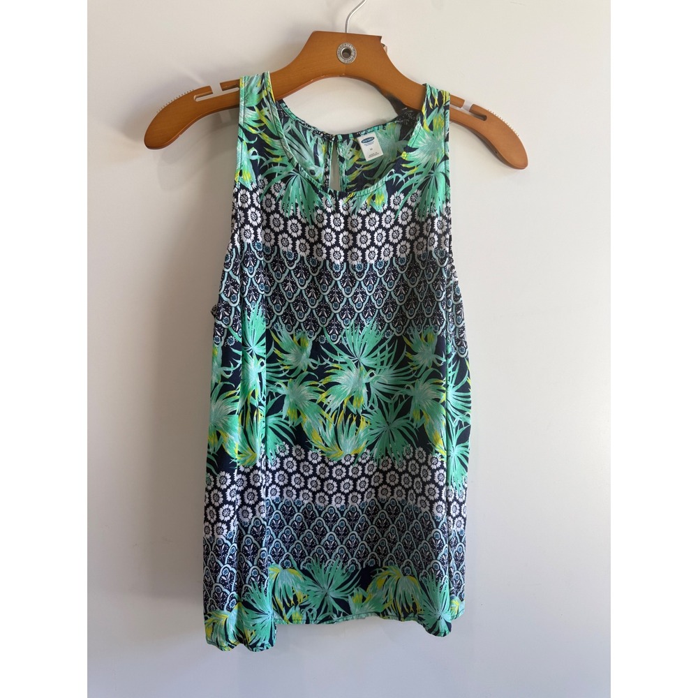 Old Navy Womens Sleeveless Tropical Mixed Print Keyhole Tank Top Green Navy M